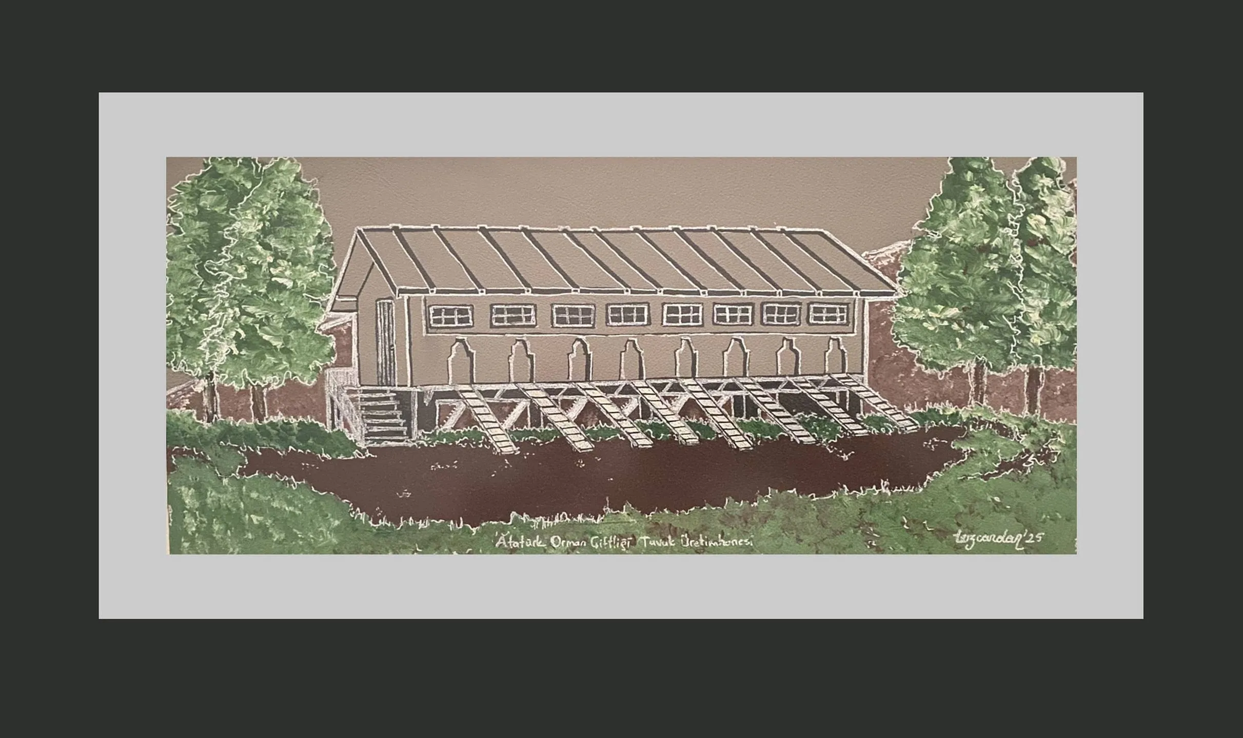 "AOÇ Tavuk Kümesi" eseri TEZCAN KARAKUŞ CANDAN tarafından 18x40 cm ölçülerinde Deri üzeri karışık teknik tekniği ile yapılmıştır.
