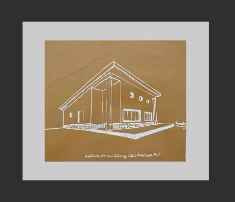 "AOÇ Ülkü Adatepe Evi" eseri TEZCAN KARAKUŞ CANDAN tarafından 26x29,5 cm ölçülerinde Deri üzeri karışık teknik tekniği ile yapılmıştır.