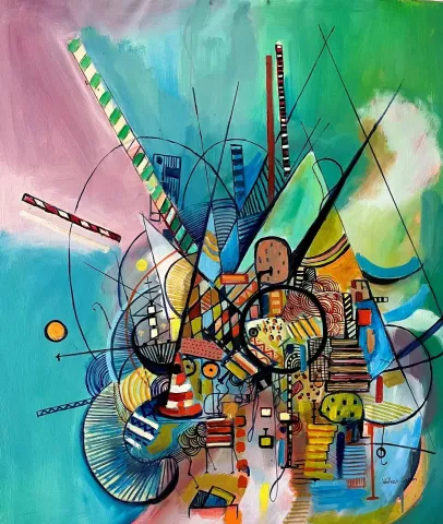VOLKAN ÇOBAN — “Soyut Kompozisyon”, 2025 "Soyut Kompozisyon" eseri VOLKAN ÇOBAN tarafından 2025 yılında 105x90 cm ölçülerinde Tuval üzeri yağlı boya tekniği ile yapılmıştır.