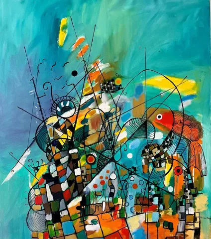 VOLKAN ÇOBAN — “Soyut Kompozisyon”, 2025 "Soyut Kompozisyon" eseri VOLKAN ÇOBAN tarafından 2025 yılında 100x95 cm ölçülerinde Tuval üzeri yağlı boya tekniği ile yapılmıştır.