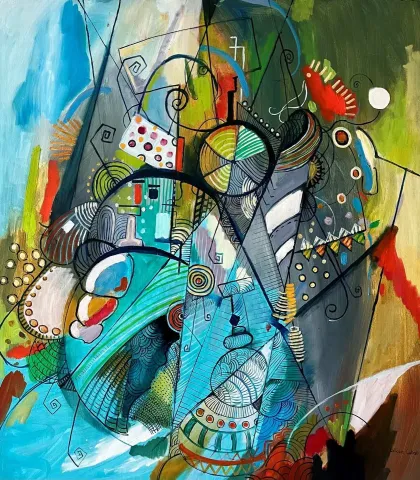 VOLKAN ÇOBAN — “Soyut Kompozisyon”, 2025 "Soyut Kompozisyon" eseri VOLKAN ÇOBAN tarafından 2025 yılında 115x100 cm ölçülerinde Tuval üzeri yağlı boya tekniği ile yapılmıştır.