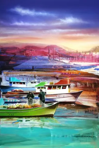 TURGUT AKARSU — “Balıkçılar”, 2024 "Balıkçılar" eseri TURGUT AKARSU tarafından 2024 yılında 90x60 cm ölçülerinde Tuval üzeri akrilik boya tekniği ile yapılmıştır.