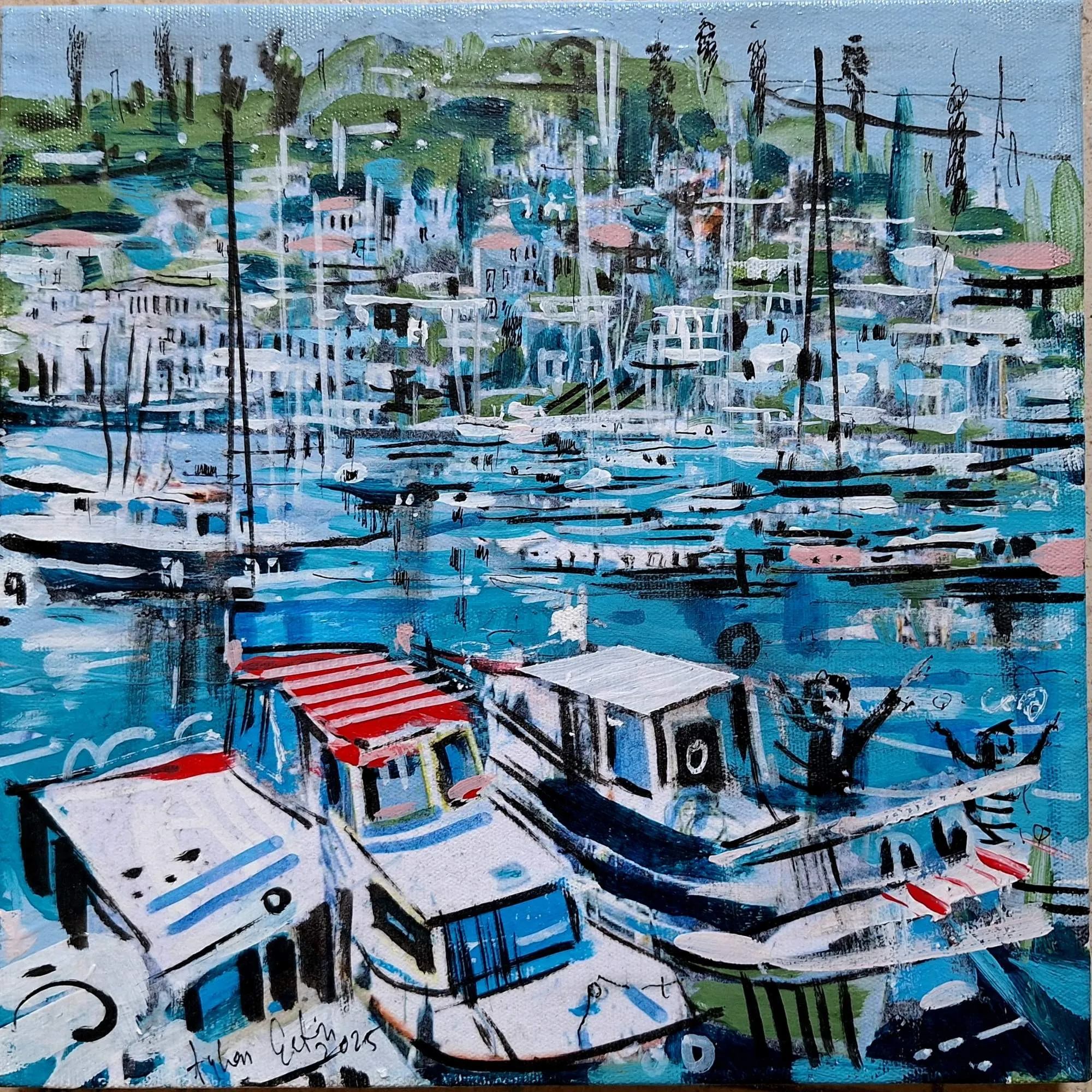 "Marina" eseri AYHAN ÇETİN tarafından 2025 yılında 25x25 cm ölçülerinde Tuval üzeri akrilik boya tekniği ile yapılmıştır.