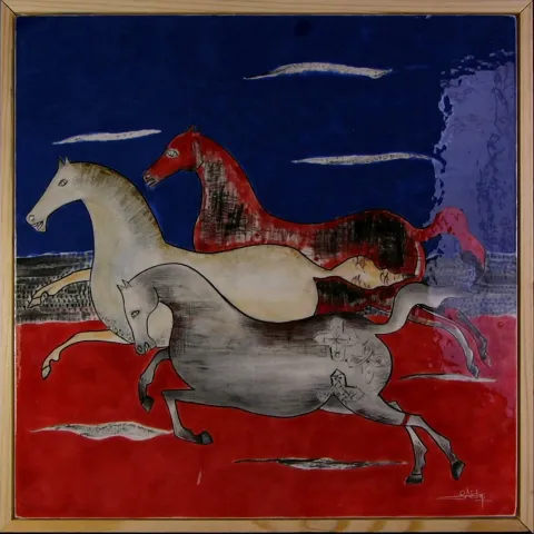 SUNA AKTAŞ — “Atlar”, 2025 "Atlar" eseri SUNA AKTAŞ tarafından 2025 yılında 25x25 cm ölçülerinde Çini tekniği ile yapılmıştır.
