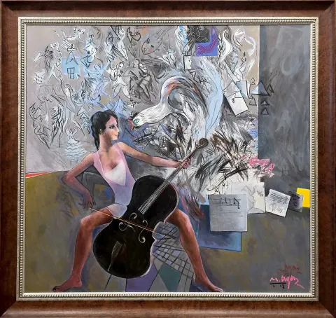 "Kontrbas çalan kız" eseri MUSTAFA AYAZ tarafından 2013 yılında 140x150 cm ölçülerinde Tuval üzeri yağlı boya tekniği ile yapılmıştır.