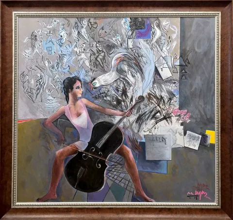 MUSTAFA AYAZ — “Kontrbas çalan kız”, 2013 "Kontrbas çalan kız" eseri MUSTAFA AYAZ tarafından 2013 yılında 140x150 cm ölçülerinde Tuval üzeri yağlı boya tekniği ile yapılmıştır.