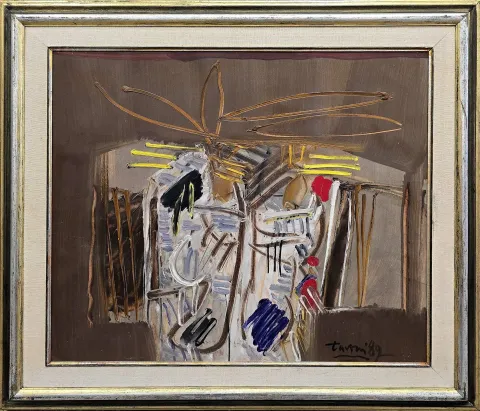 ADNAN TURANİ — “İsimsiz”, 1989 "İsimsiz" eseri ADNAN TURANİ tarafından 1989 yılında 50x58 cm ölçülerinde Duralit üzeri yağlı boya tekniği ile yapılmıştır.