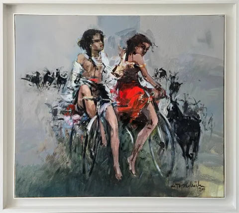 AKDOĞAN TOPAÇLIOĞLU — “Bisikletli Kızlar ve Keçiler”, 2011 "Bisikletli Kızlar ve Keçiler" eseri AKDOĞAN TOPAÇLIOĞLU tarafından 2011 yılında 60x70 cm ölçülerinde Tuval üzeri yağlı boya tekniği ile yapılmıştır.