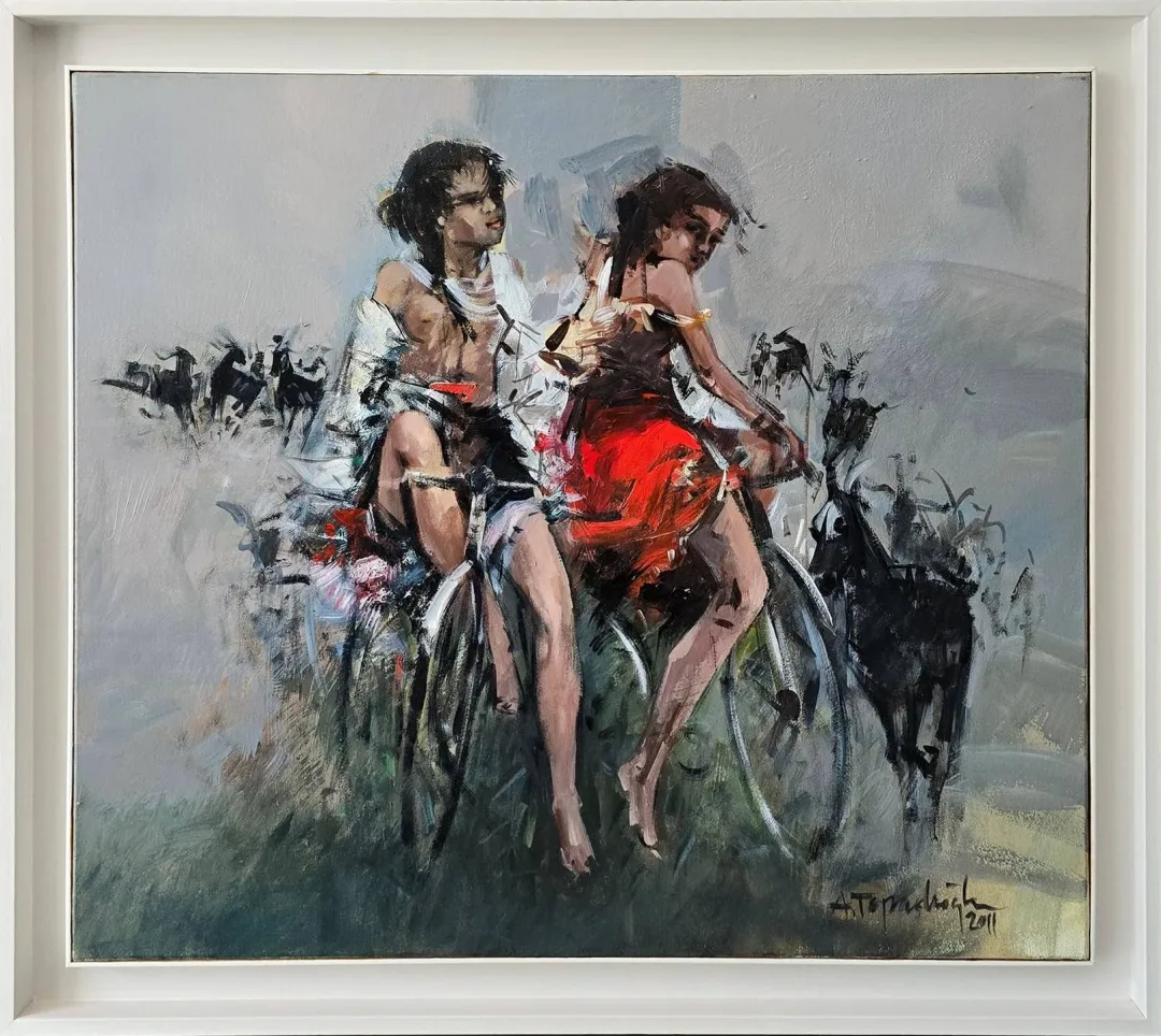 yakınlaştır "Bisikletli Kızlar ve Keçiler" eseri AKDOĞAN TOPAÇLIOĞLU tarafından 2011 yılında 60x70 cm ölçülerinde Tuval üzeri yağlı boya tekniği ile yapılmıştır.