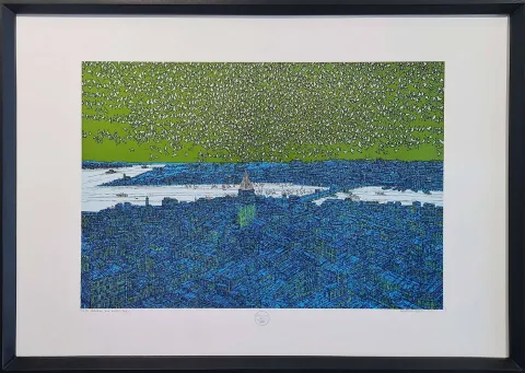 DEVRİM ERBİL — “Galata'da Kuş Esintisi”, 2023 "Galata'da Kuş Esintisi" eseri DEVRİM ERBİL tarafından 2023 yılında 70x100 cm ölçülerinde Serigrafi - EA/6 tekniği ile yapılmıştır.