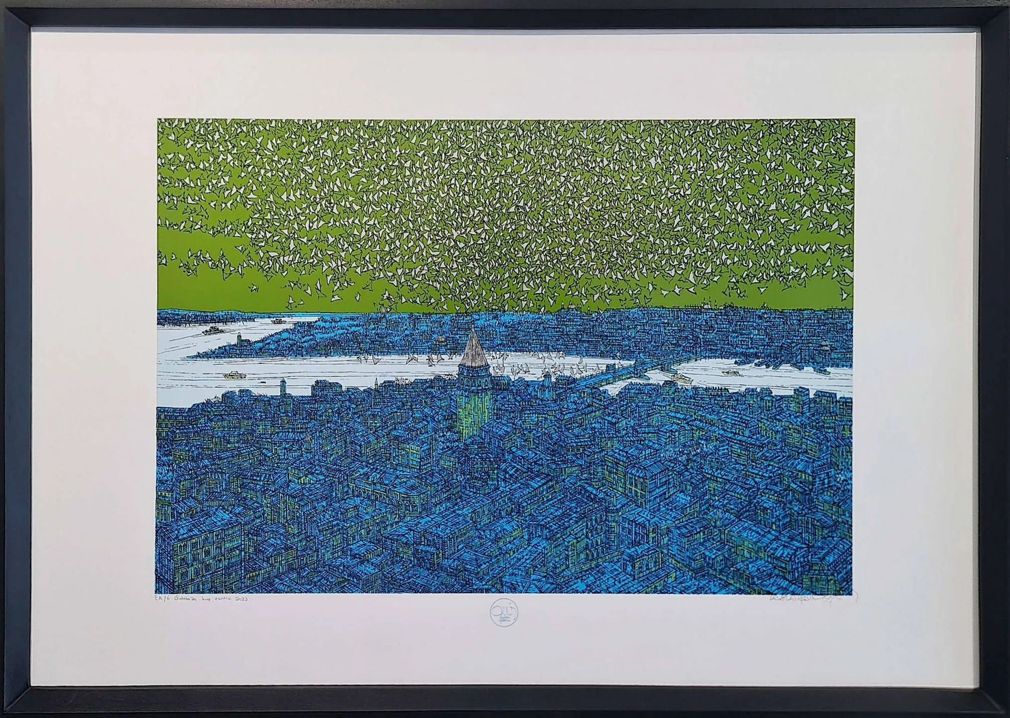 "Galata'da Kuş Esintisi" eseri DEVRİM ERBİL tarafından 2023 yılında 70x100 cm ölçülerinde Serigrafi - EA/6 tekniği ile yapılmıştır.