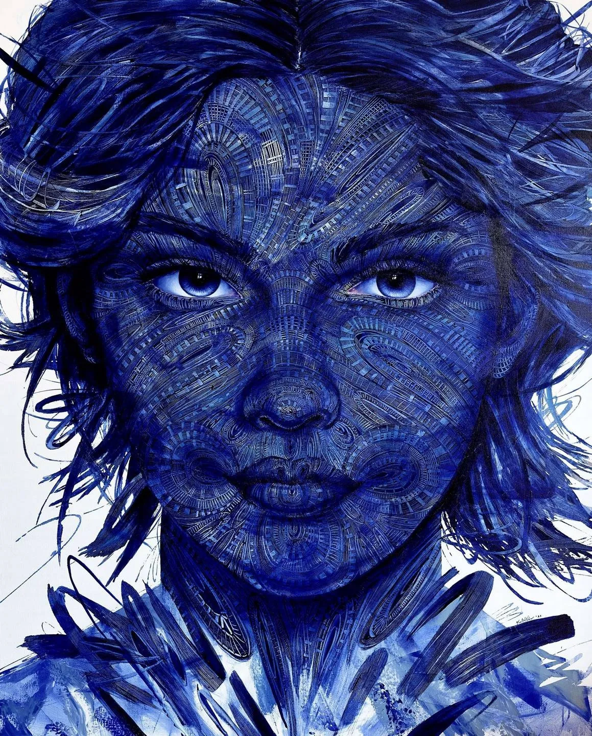 "Deep Blue - 2" eseri MEVLÜT AKAR tarafından 2023 yılında 150x120 cm ölçülerinde Tuval üzeri akrilik boya tekniği ile yapılmıştır.