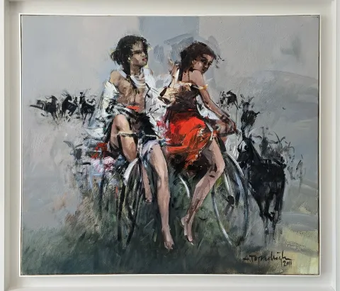 AKDOĞAN TOPAÇLIOĞLU — “Bisikletli Kızlar ve Keçiler”, 2011 "Bisikletli Kızlar ve Keçiler" eseri AKDOĞAN TOPAÇLIOĞLU tarafından 2011 yılında 60x70 cm ölçülerinde Tuval üzeri yağlı boya tekniği ile yapılmıştır.