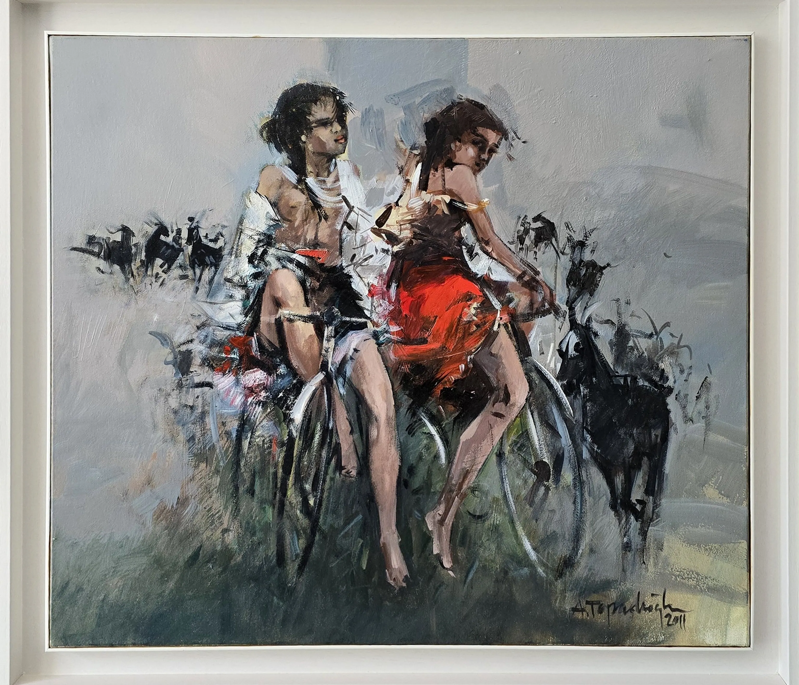 "Bisikletli Kızlar ve Keçiler" eseri AKDOĞAN TOPAÇLIOĞLU tarafından 2011 yılında 60x70 cm ölçülerinde Tuval üzeri yağlı boya tekniği ile yapılmıştır.