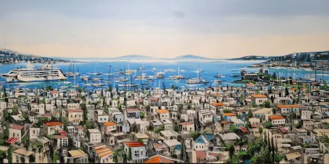 AYHAN ÇETİN — “Bodrum”, 2025 "Bodrum" eseri AYHAN ÇETİN tarafından 2025 yılında 120x240 cm ölçülerinde Tuval üzeri akrilik boya tekniği ile yapılmıştır.