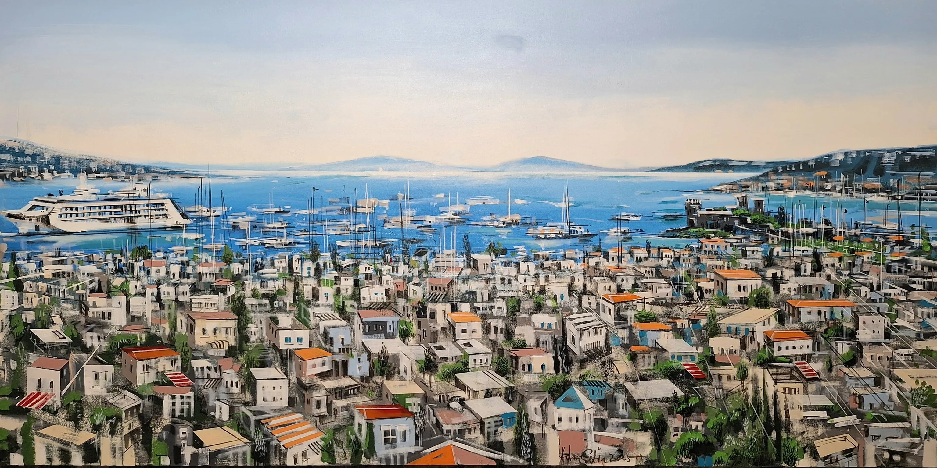 "Bodrum" eseri AYHAN ÇETİN tarafından 2025 yılında 120x240 cm ölçülerinde Tuval üzeri akrilik boya tekniği ile yapılmıştır.