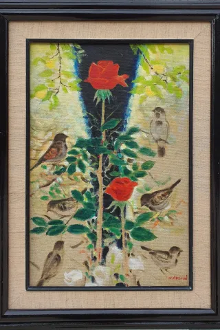 NEVZAT AKORAL — “Güller arasında serçeler”, 1992 "Güller arasında serçeler" eseri NEVZAT AKORAL tarafından 1992 yılında 45x30 cm ölçülerinde Tuval üzeri yağlı boya tekniği ile yapılmıştır.