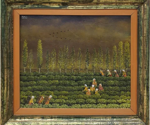 YALÇIN GÖKÇEBAĞ — “Çay Bahçesi”, 1994 "Çay Bahçesi" eseri YALÇIN GÖKÇEBAĞ tarafından 1994 yılında 50x60 cm ölçülerinde Tuval üzeri yağlı boya tekniği ile yapılmıştır.