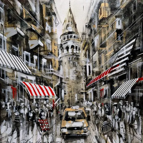 AYHAN ÇETİN — “Taksi”, 2025 "Taksi" eseri AYHAN ÇETİN tarafından 2025 yılında 60x60 cm ölçülerinde Tuval üzeri akrilik boya tekniği ile yapılmıştır.