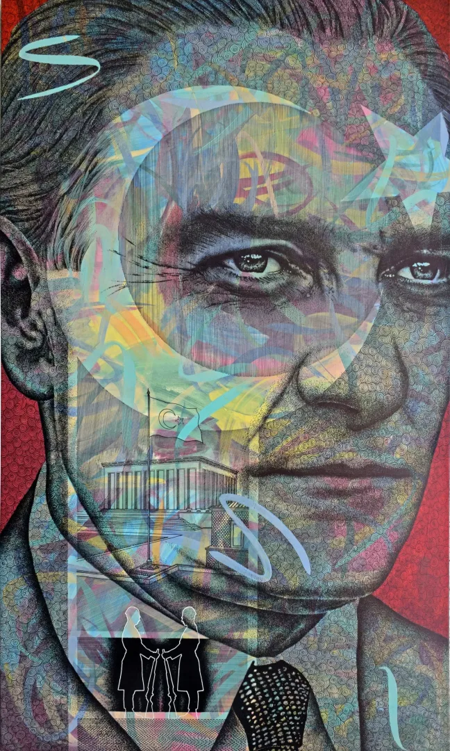 yakınlaştır "Atatürk ve Anıtkabir" eseri ENGİN KORKMAZ tarafından 2026 yılında 150x90 cm ölçülerinde Tuval üzeri akrilik boya tekniği ile yapılmıştır.