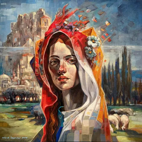 ADEM BAŞPINAR — “Gonca”, 2026 "Gonca" eseri ADEM BAŞPINAR tarafından 2026 yılında 50x50 cm ölçülerinde Tuval üzeri akrilik boya tekniği ile yapılmıştır.