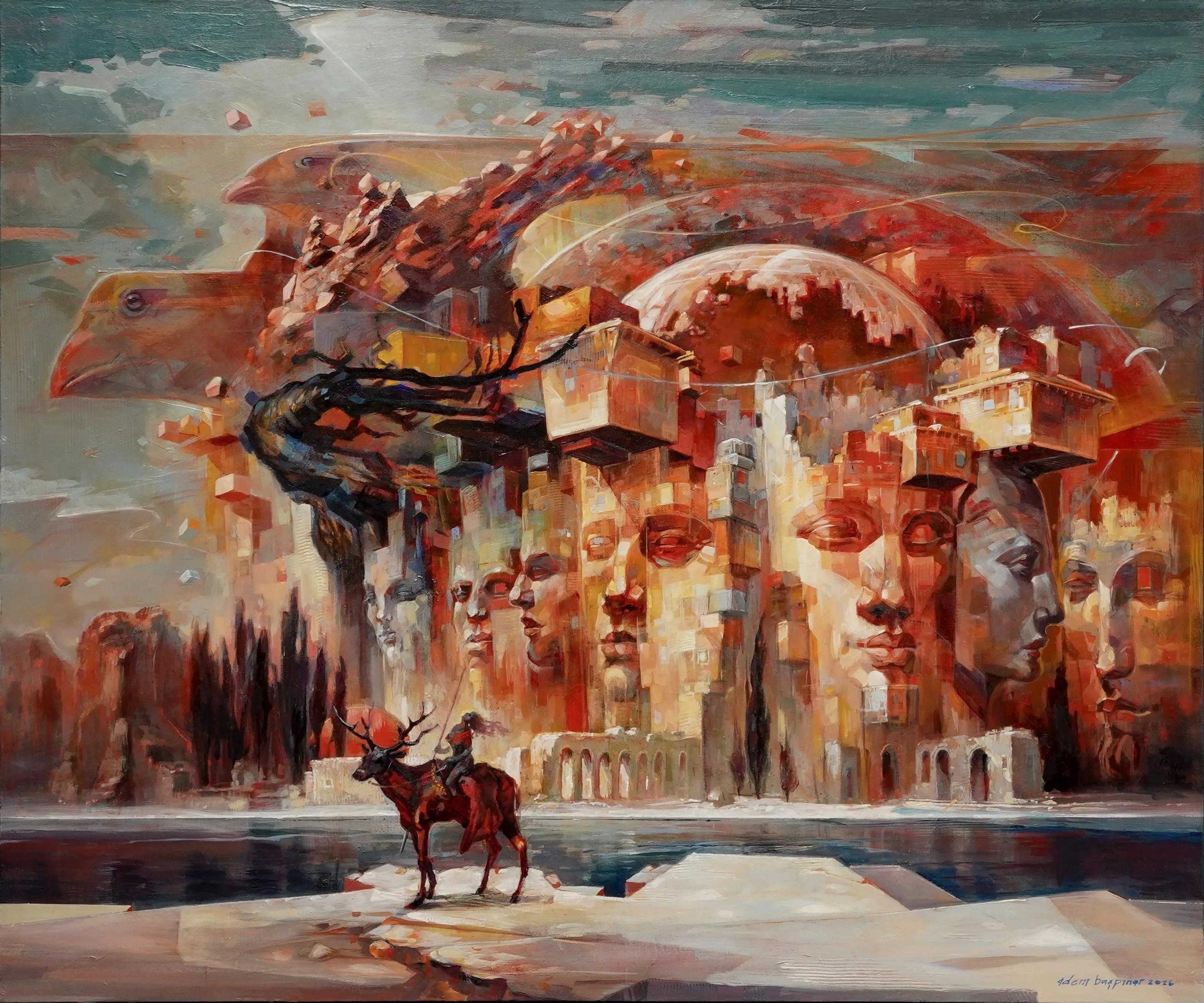 "Yordam - III" eseri ADEM BAŞPINAR tarafından 2026 yılında 100x120 cm ölçülerinde Tuval üzeri akrilik boya tekniği ile yapılmıştır.