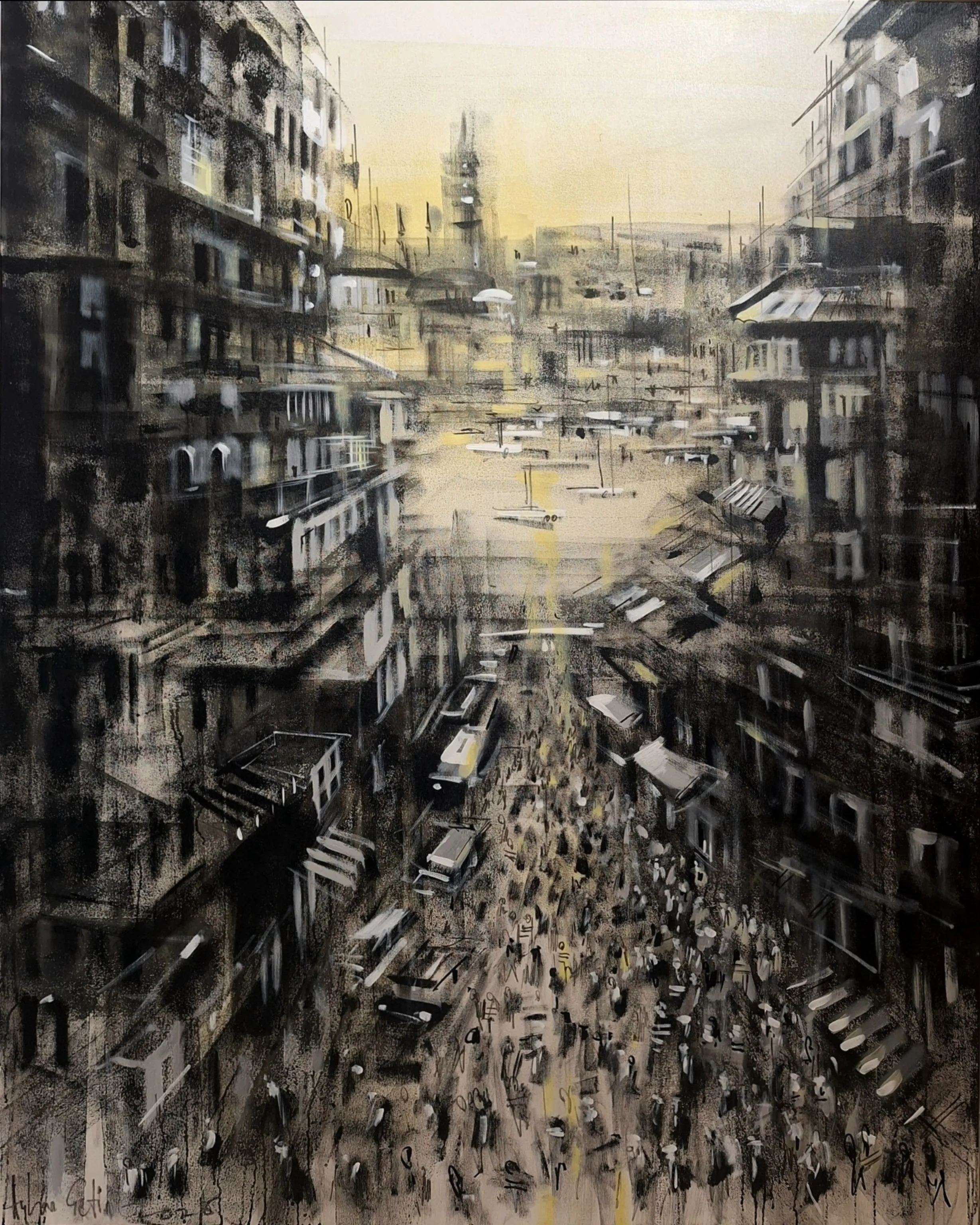 "Sin City" eseri AYHAN ÇETİN tarafından 2026 yılında 150x120 cm ölçülerinde Tuval üzeri akrilik boya tekniği ile yapılmıştır.