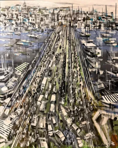 AYHAN ÇETİN — “Şehrin hızı”, 2026 "Şehrin hızı" eseri AYHAN ÇETİN tarafından 2026 yılında 150x120 cm ölçülerinde Tuval üzeri akrilik boya tekniği ile yapılmıştır.