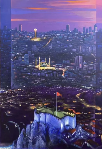 KADİR ŞİŞGİNOĞLU — “Ankara kalesinden gece”, 2026 "Ankara kalesinden gece" eseri KADİR ŞİŞGİNOĞLU tarafından 2026 yılında 109x75 cm ölçülerinde Tuval üzeri akrilik boya tekniği ile yapılmıştır.