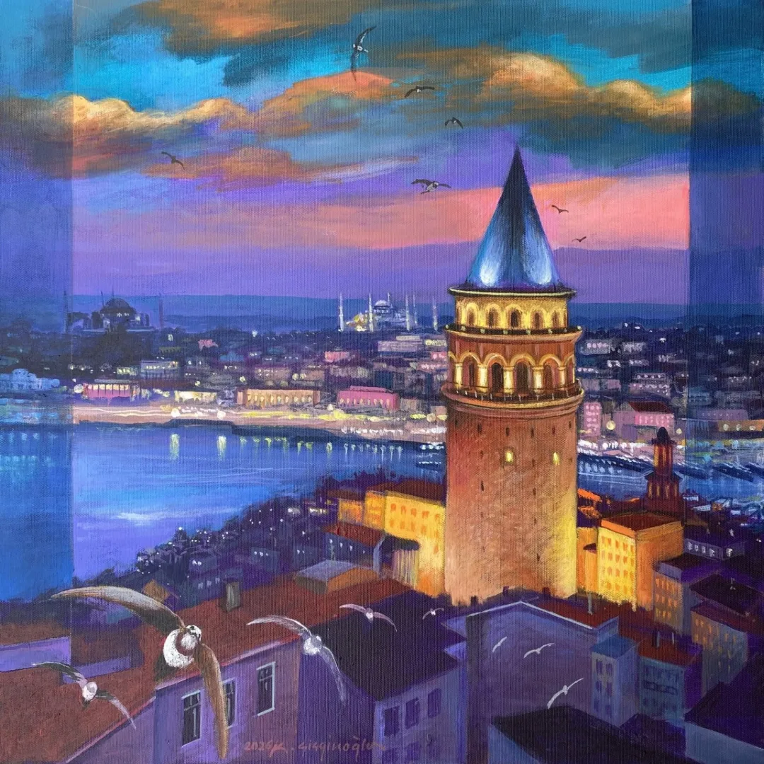 yakınlaştır "Galata'dan Ayasofya'ya bakış" eseri KADİR ŞİŞGİNOĞLU tarafından 2026 yılında 50x50 cm ölçülerinde Tuval üzeri akrilik boya tekniği ile yapılmıştır.