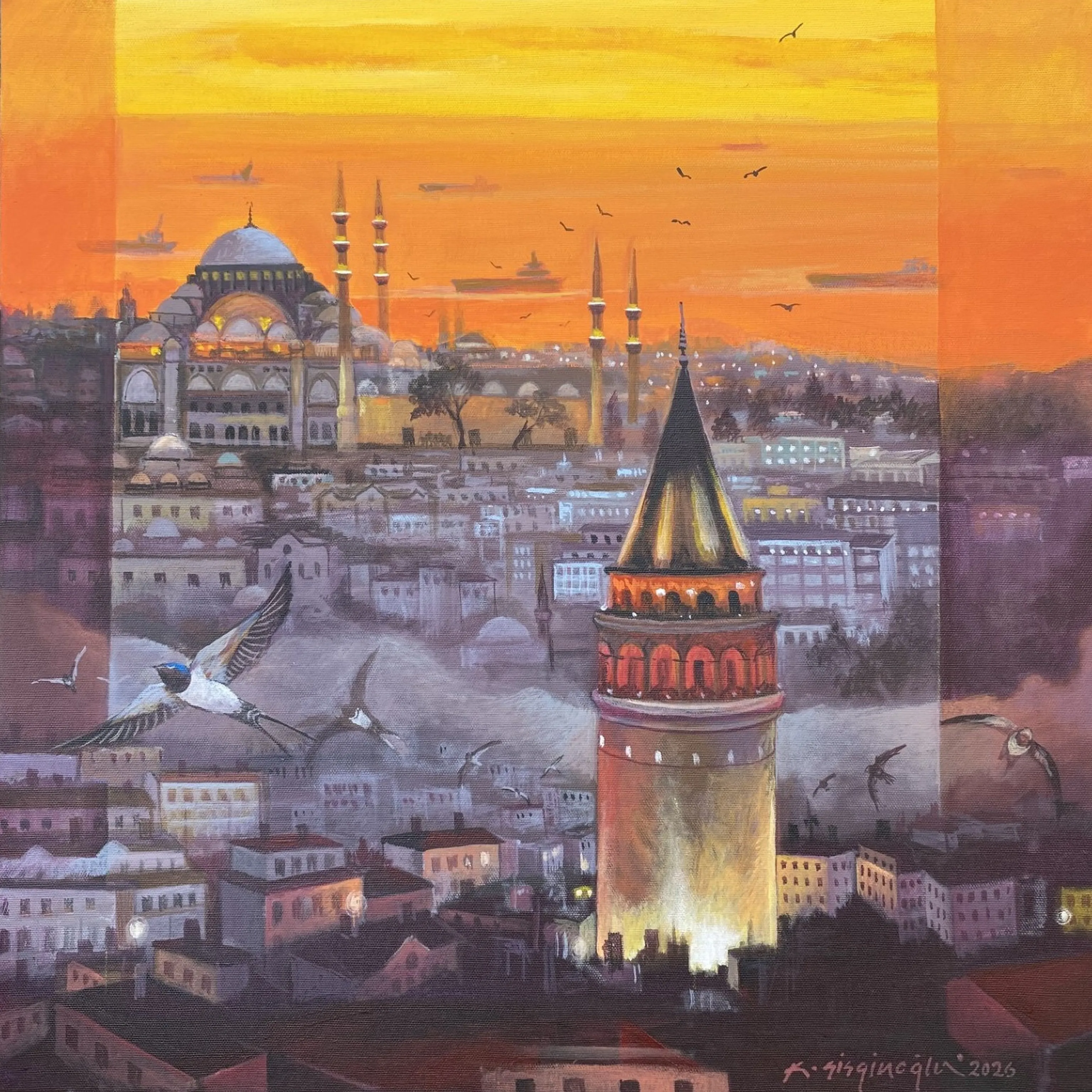 "Galata'dan Marmara'ya bakış" eseri KADİR ŞİŞGİNOĞLU tarafından 2026 yılında 50x50 cm ölçülerinde Tuval üzeri akrilik boya tekniği ile yapılmıştır.