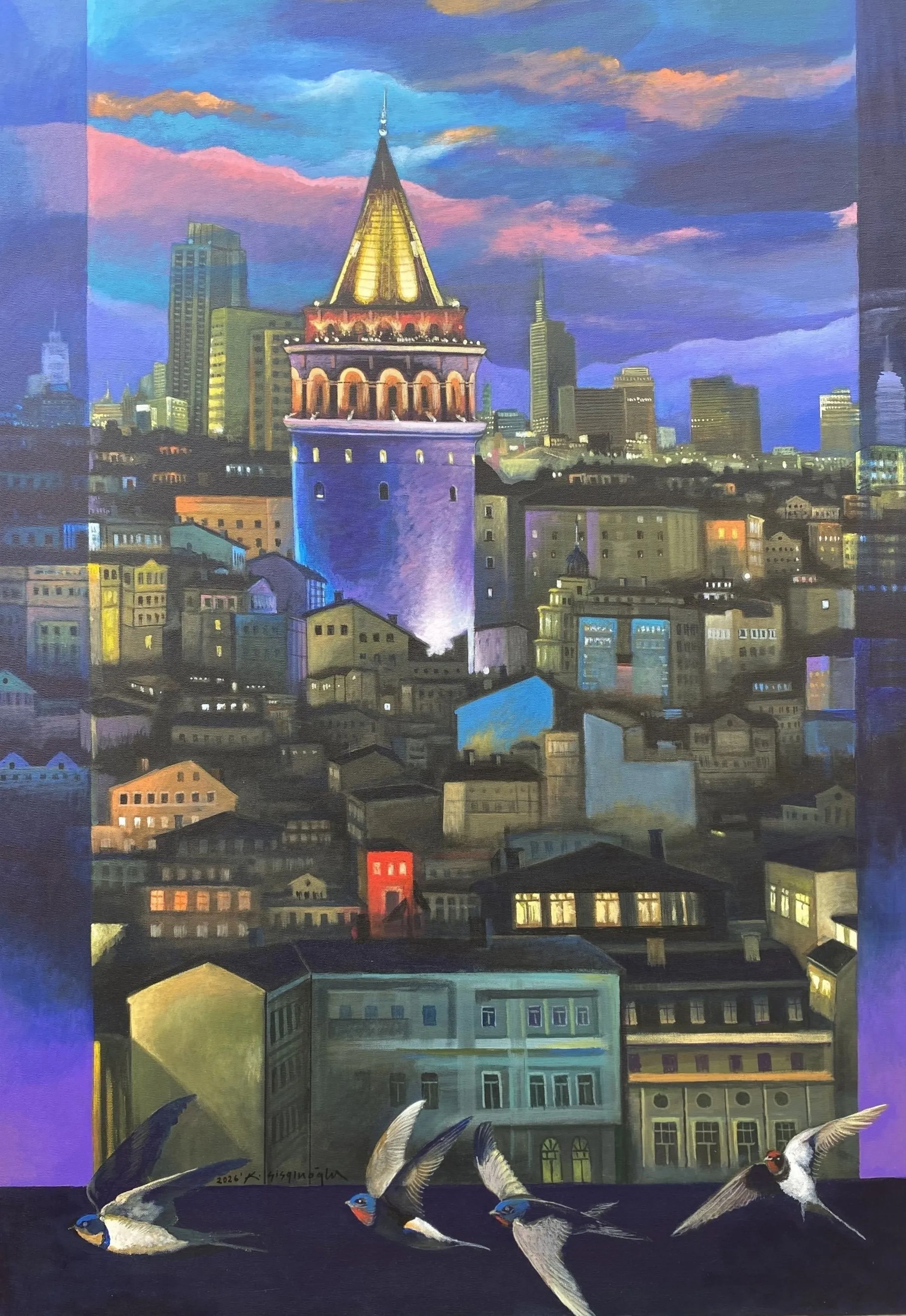 "Galata'ya gece bakış" eseri KADİR ŞİŞGİNOĞLU tarafından 2026 yılında 109x75 cm ölçülerinde Tuval üzeri akrilik boya tekniği ile yapılmıştır.