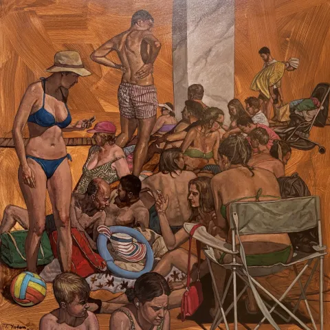 TANJU YAĞAN — “Plajda”, 2026 "Plajda" eseri TANJU YAĞAN tarafından 2026 yılında 110x110 cm ölçülerinde Tuval üzeri yağlı boya tekniği ile yapılmıştır.
