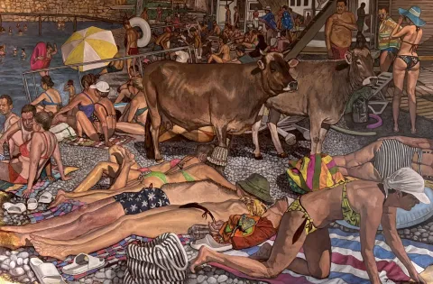 TANJU YAĞAN — “Plajda”, 2026 "Plajda" eseri TANJU YAĞAN tarafından 2026 yılında 115x175 cm ölçülerinde Tuval üzeri yağlı boya tekniği ile yapılmıştır.