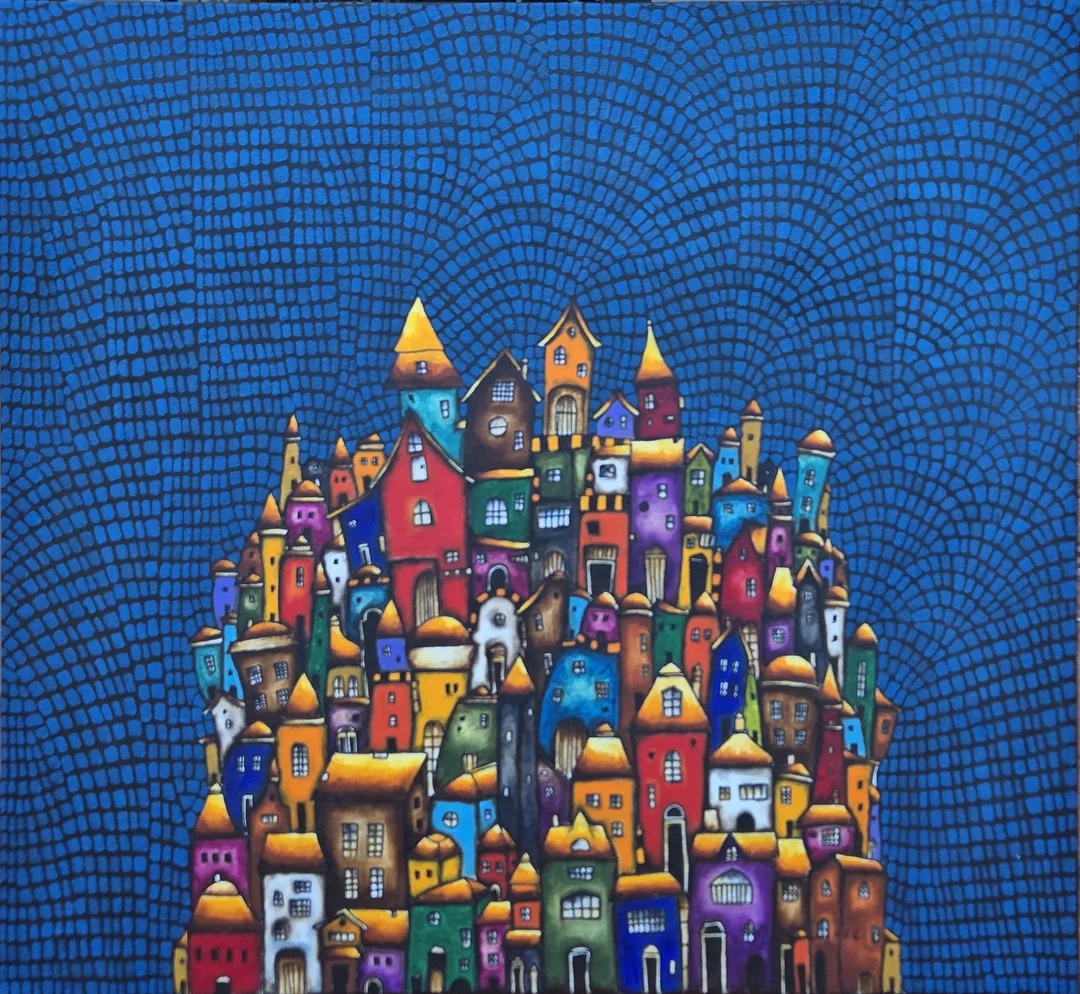 "Yasaklı gökyüzü krallığı - 1" eseri BİNNUR YÜCEBAŞ RUOCCO tarafından 60x60 cm ölçülerinde Tuval üzeri yağlı boya tekniği ile yapılmıştır.