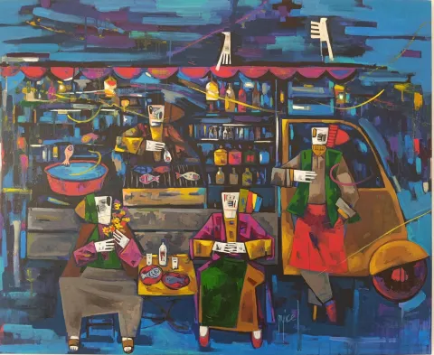 MEHMET YÜCEL — “Turkısh cafe”, 2026 "Turkısh cafe" eseri MEHMET YÜCEL tarafından 2026 yılında 90x110 cm ölçülerinde Tuval üzeri akrilik boya tekniği ile yapılmıştır.