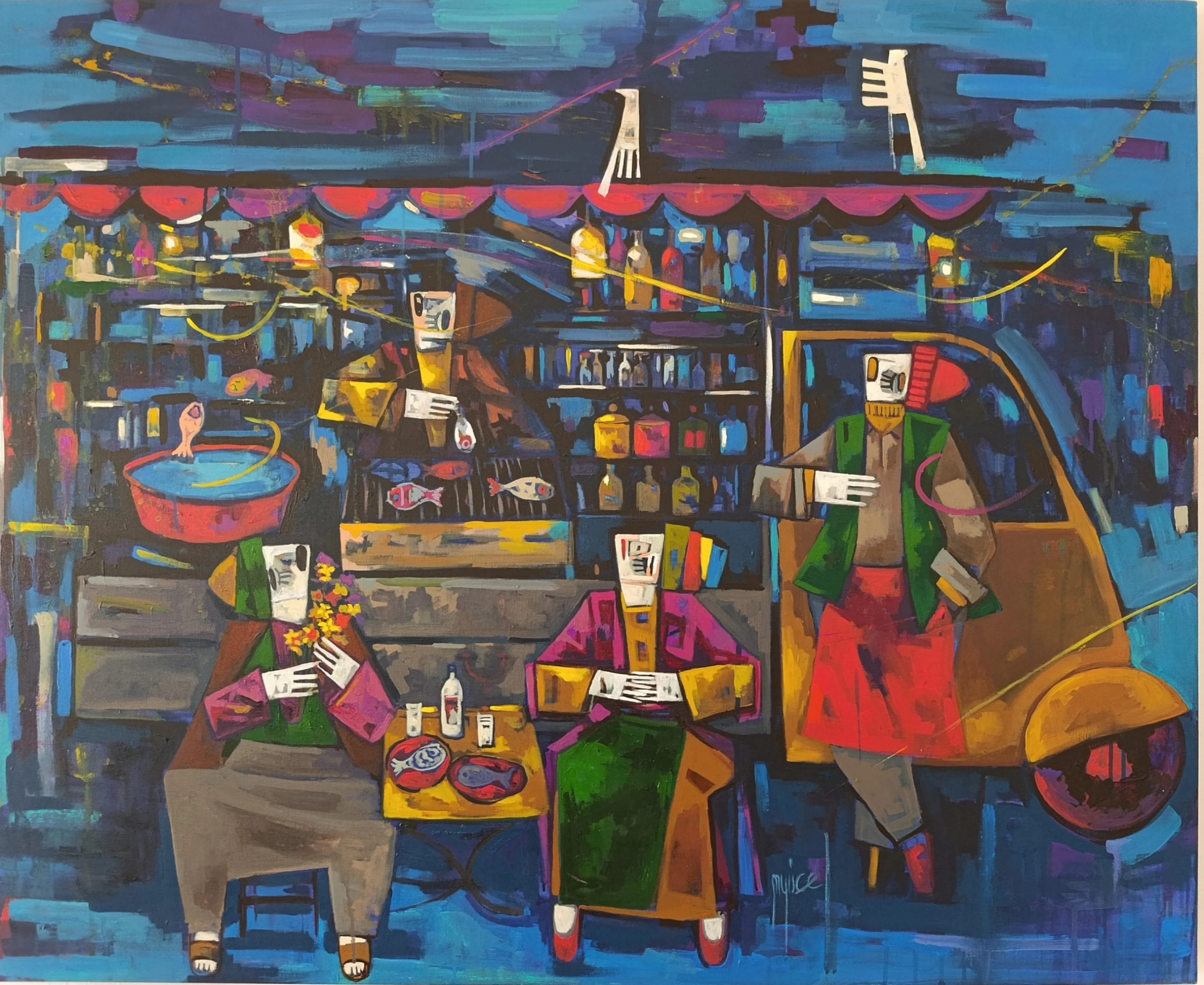 "Turkısh cafe" eseri MEHMET YÜCEL tarafından 2026 yılında 90x110 cm ölçülerinde Tuval üzeri akrilik boya tekniği ile yapılmıştır.