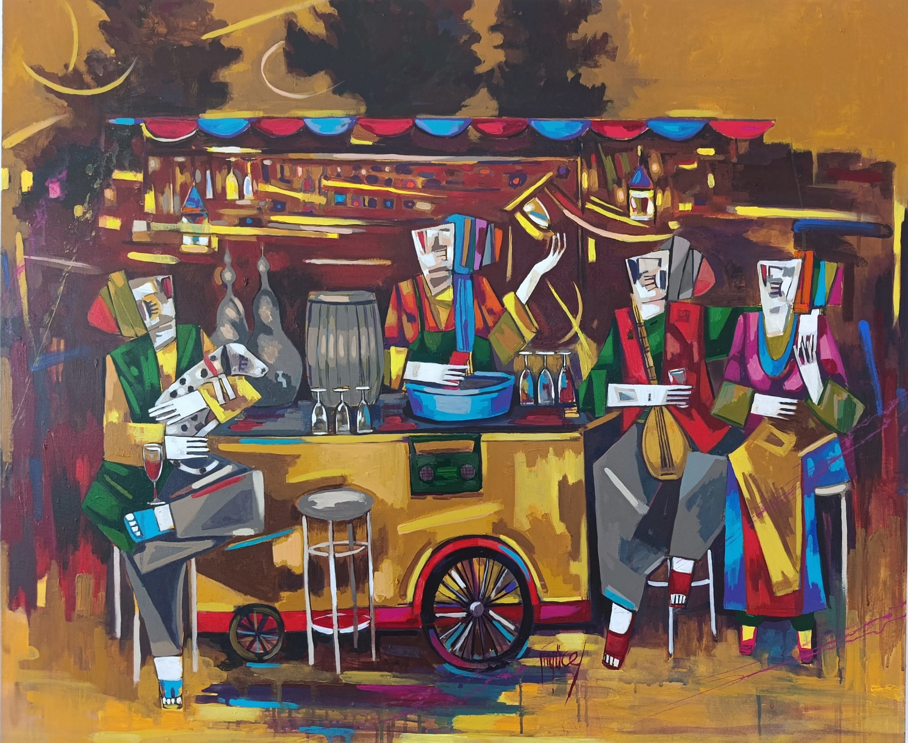 "Turkish cafe" eseri MEHMET YÜCEL tarafından 2026 yılında 90x110 cm ölçülerinde Tuval üzeri akrilik boya tekniği ile yapılmıştır.