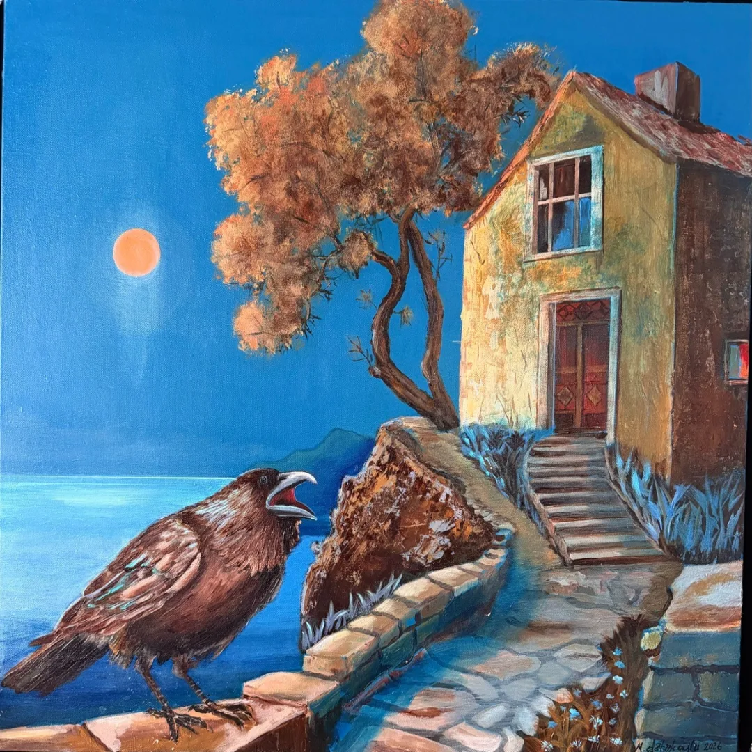 "Gece kuşu" eseri MEHMET YILDIRIM DABAKOĞLU tarafından 60x60 cm ölçülerinde Tuval üzeri akrilik boya tekniği ile yapılmıştır.