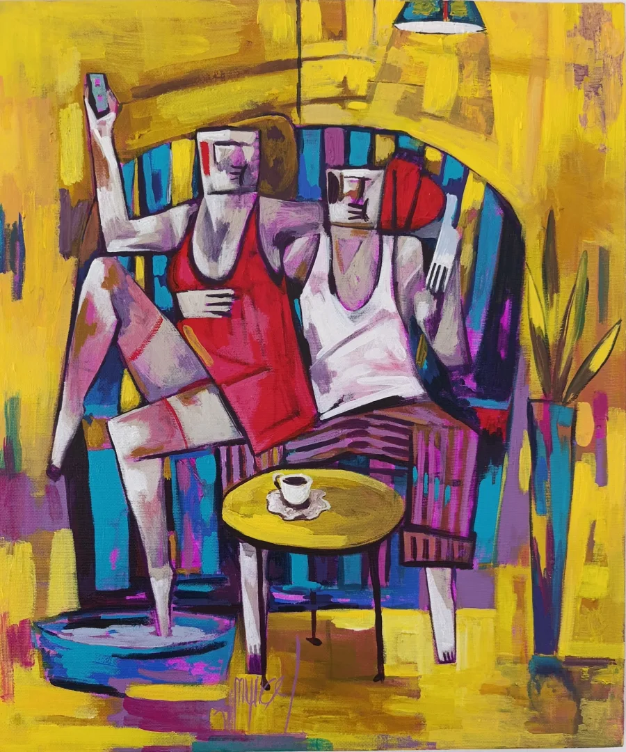 "selfy" eseri MEHMET YÜCEL tarafından 60x50 cm ölçülerinde Tuval üzeri akrilik boya tekniği ile yapılmıştır.