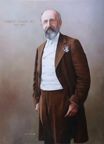 "Osman Hamdi bey" eseri HASAN SAYGIN tarafından 2026 yılında 99x72 cm ölçülerinde Tuval üzeri yağlı boya tekniği ile yapılmıştır.