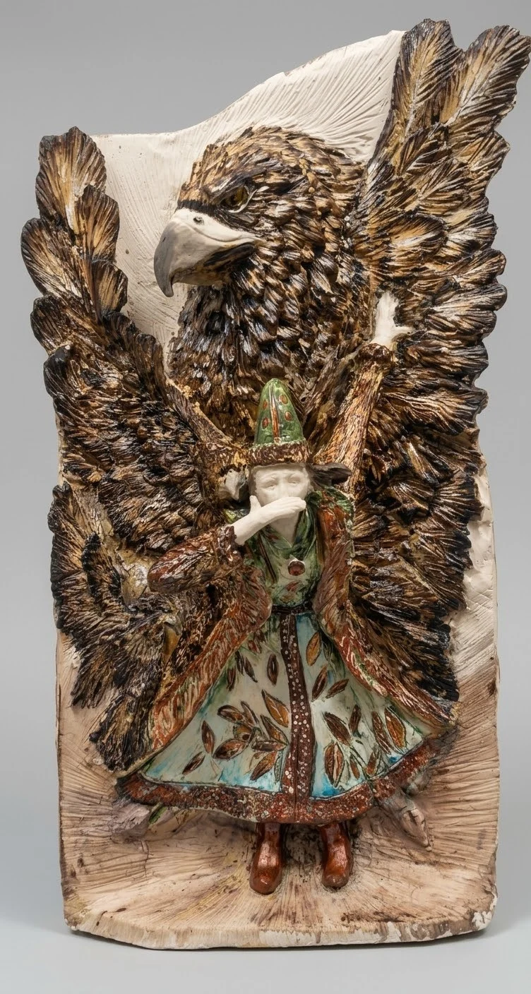 "Kartal dansı" eseri ORÇUN İLTER tarafından 2026 yılında 46x26 cm ölçülerinde Stoneware, elle şekillendirme tekniği ile yapılmıştır.