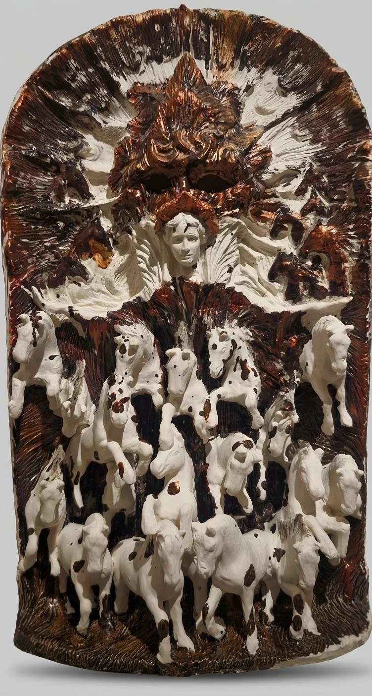 "Atlar" eseri ORÇUN İLTER tarafından 2026 yılında 46x25 cm ölçülerinde Stoneware, elle şekillendirme tekniği ile yapılmıştır.