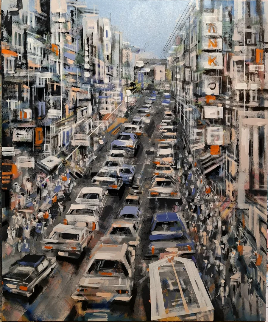 AYHAN ÇETİN — “Trafik”, 2026 "Trafik" eseri AYHAN ÇETİN tarafından 2026 yılında 120x100 cm ölçülerinde Tuval üzeri akrilik boya tekniği ile yapılmıştır.