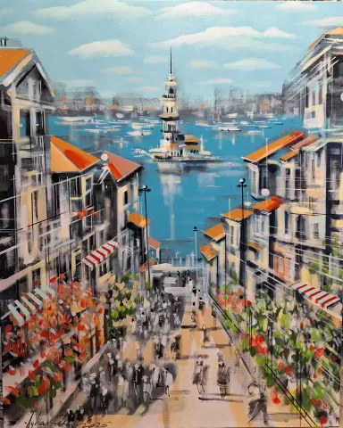 AYHAN ÇETİN — “Kız Kulesi”, 2026 "Kız Kulesi" eseri AYHAN ÇETİN tarafından 2026 yılında 100x80 cm ölçülerinde Tuval üzeri akrilik boya tekniği ile yapılmıştır.