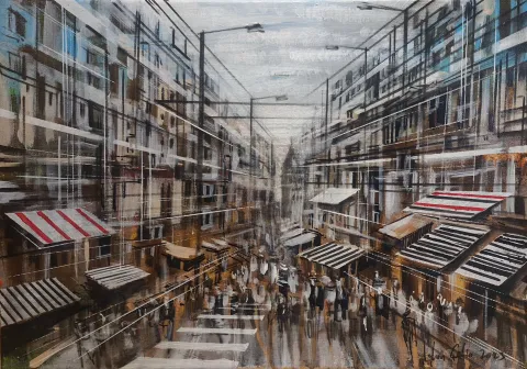 "Kaş Çarşısı" eseri AYHAN ÇETİN tarafından 2023 yılında 35x50 cm ölçülerinde Tuval üzeri akrilik boya tekniği ile yapılmıştır.