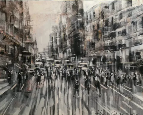 "Yaya geçidi" eseri AYHAN ÇETİN tarafından 2026 yılında 80x100 cm ölçülerinde Tuval üzeri akrilik boya tekniği ile yapılmıştır.