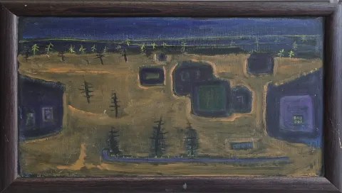 "Karanlık Köy Manzarası" eseri İHSAN CEMAL KARABURÇAK tarafından 34x60 cm ölçülerinde Kontraplak üzeri yağlı boya tekniği ile yapılmıştır.