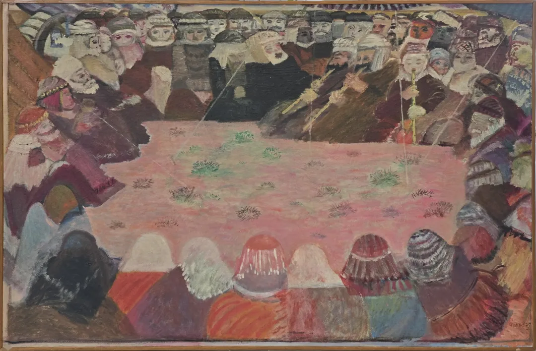 "Erenler Evliyalar" eseri DURAN KARACA tarafından 1975 yılında 122x186 cm ölçülerinde Tuval üzeri yağlı boya tekniği ile yapılmıştır.