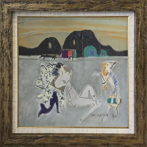 MUSTAFA AYAZ — “Kadın Ve Deli”, 1980 "Kadın Ve Deli" eseri MUSTAFA AYAZ tarafından 1980 yılında 45x45 cm ölçülerinde Tuval üzeri yağlı boya tekniği ile yapılmıştır.